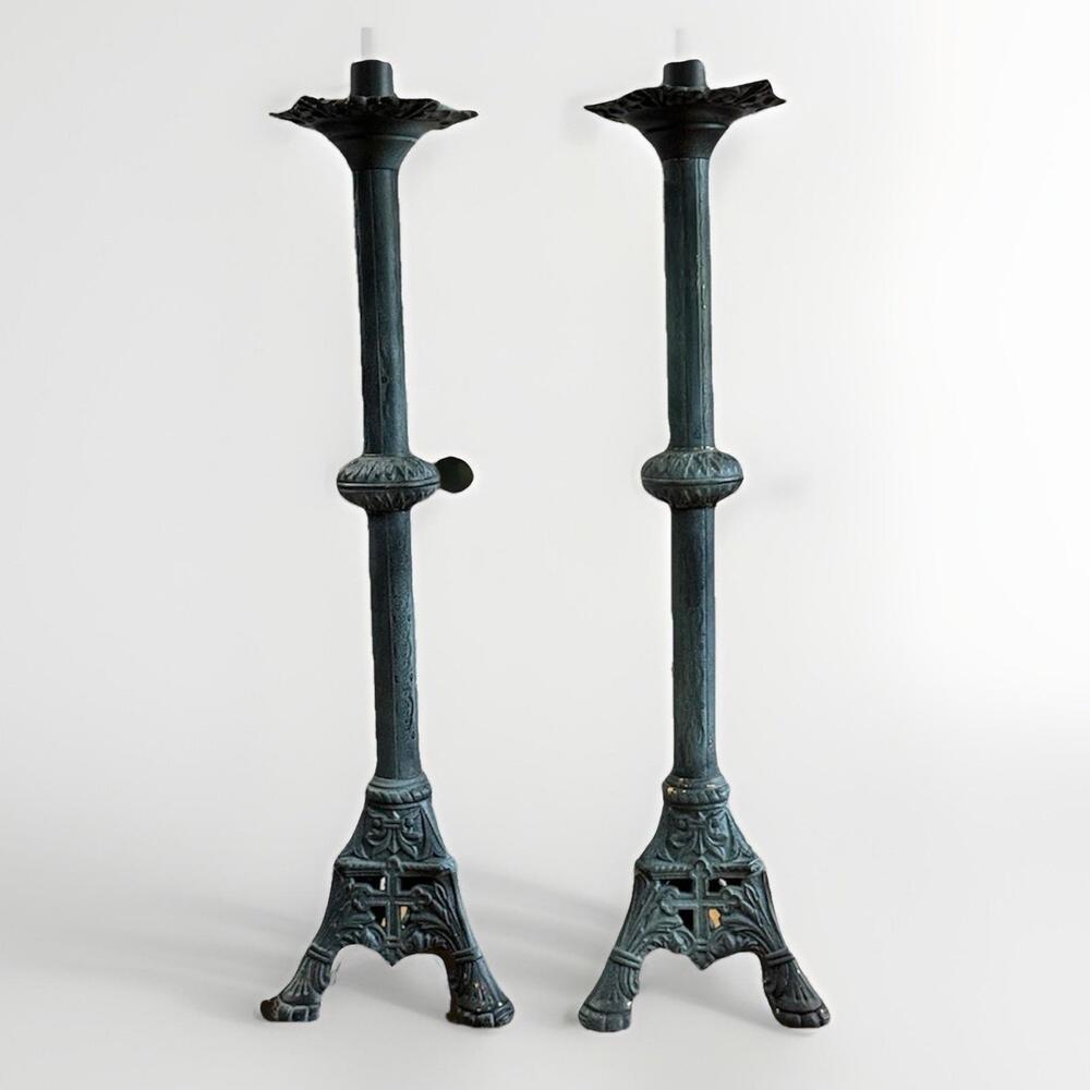 Vintage Candlestick  Holder Brass Gothic Style Design 19" Tall Set of 2